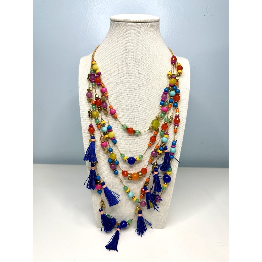 Colorful Festival Multi Tier Necklace‎ Bead Tassel Gold Tone Artsy Carnival